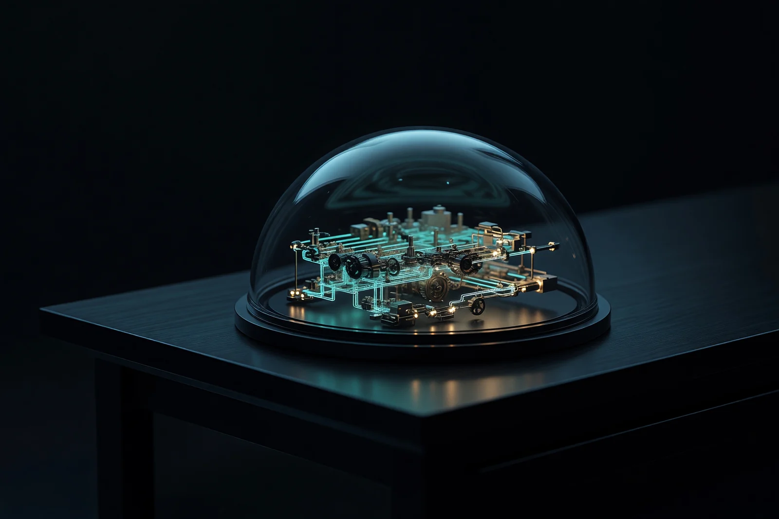 A compact lattice of machinery running under a glass dome on a dark bench