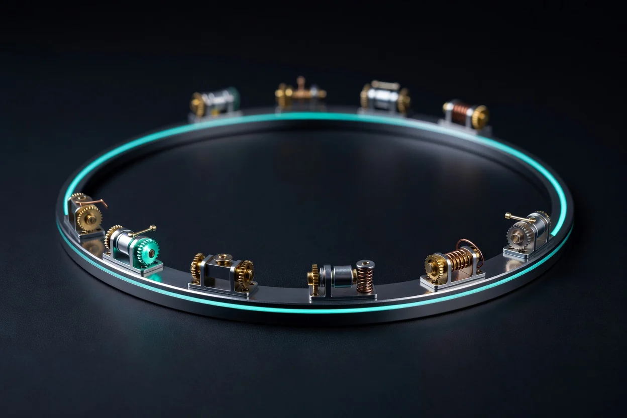 A closed circuit of polished track carrying a pulse of light past a series of small machines