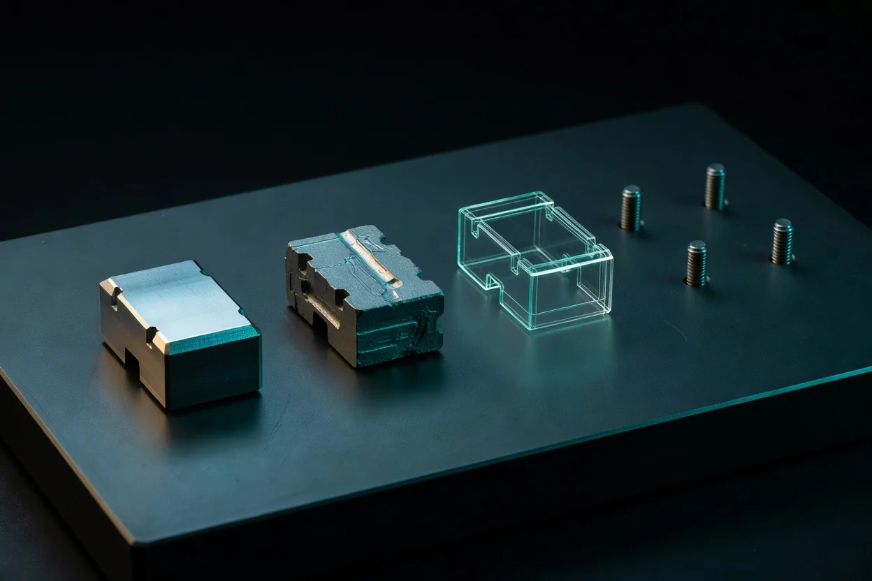 One component shown four ways: machined metal, a cast stand-in, a wireframe shell, and bare mounting points